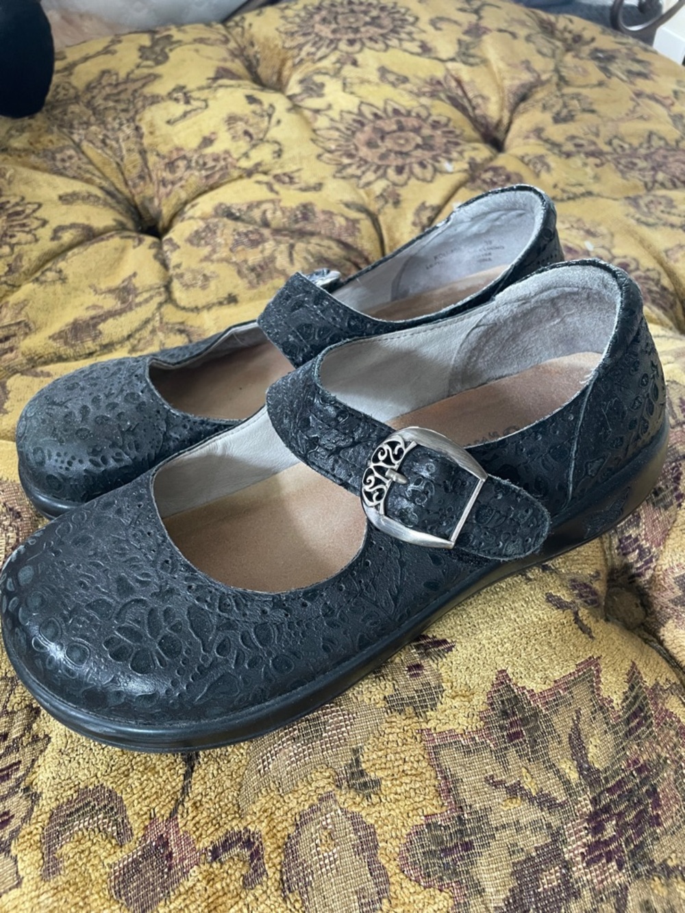 Alegria Black Floral Embossed Mary Janes with Decorative Buckle
